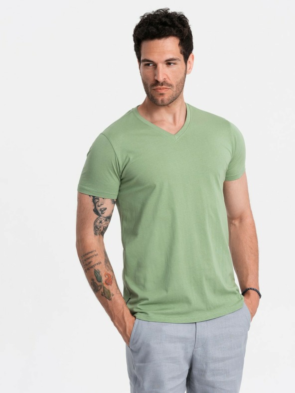 Ombre Clothing Tricou clasic BASIC cu decolteu în V din bumbac pentru bărbați - verde V11 OM-TSBS-0145 Îmbrăcăminte Ombre