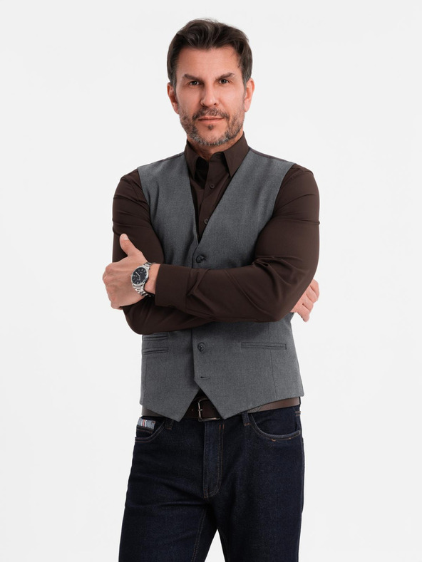 Ombre Clothing Vestă gri de costum pentru bărbați cu detalii clasice și căptușeală