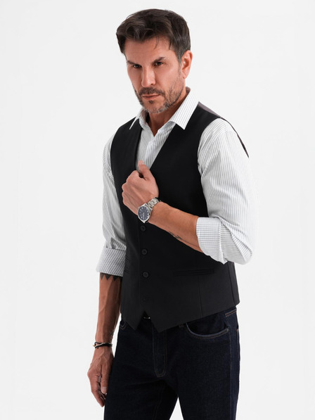 Ombre Clothing Vestă neagră de costum pentru bărbați cu detalii clasice și căptușeală
