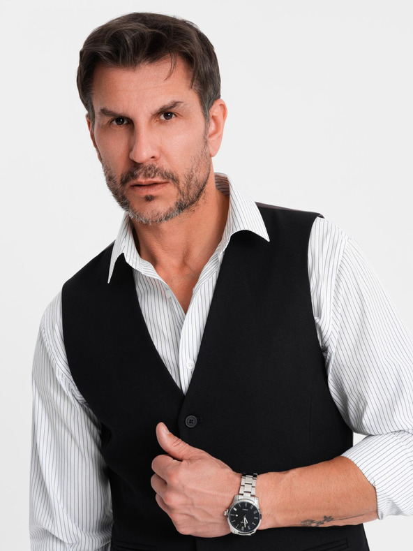 Ombre Clothing Vestă neagră de costum pentru bărbați cu detalii clasice și căptușeală