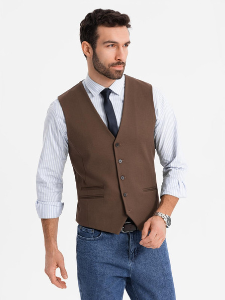 Ombre Clothing Vestă maro de costum pentru bărbați cu detalii clasice și căptușeală