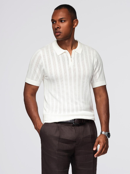 Ombre Clothing Tricou polo pentru bărbați cu fermoar la gât - alb
