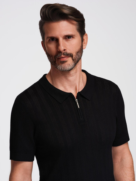 Ombre Clothing Tricou polo pentru bărbați cu fermoar la gât - negru