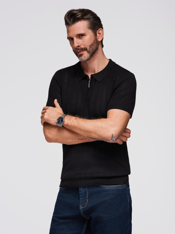 Ombre Clothing Tricou polo pentru bărbați cu fermoar la gât - negru