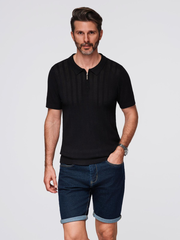 Ombre Clothing Tricou polo pentru bărbați cu fermoar la gât - negru