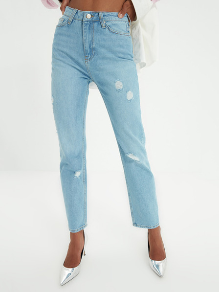 Trendyol Blugi mom fit albastru deschis cu efect rupt Trendyol