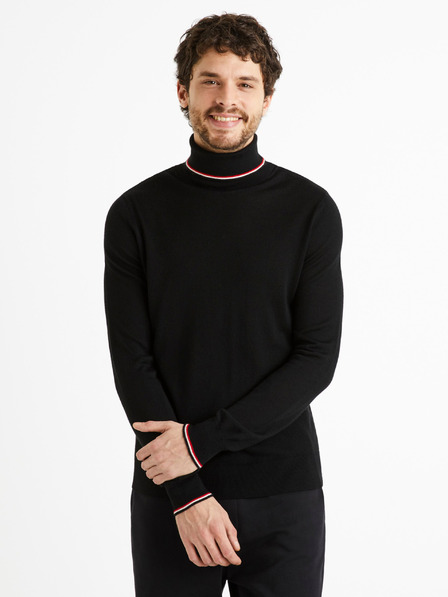 Celio Pulover bărbătesc negru cu guler înalt din amestec de lână Celio Deblack