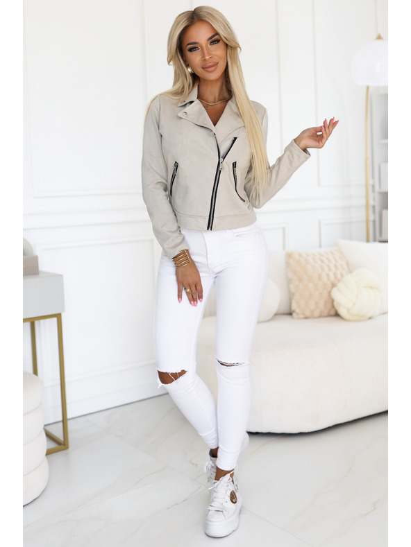 numoco Jachetă de motociclist din piele întoarsă cu mânecă lungă și fermoare - bej deschis