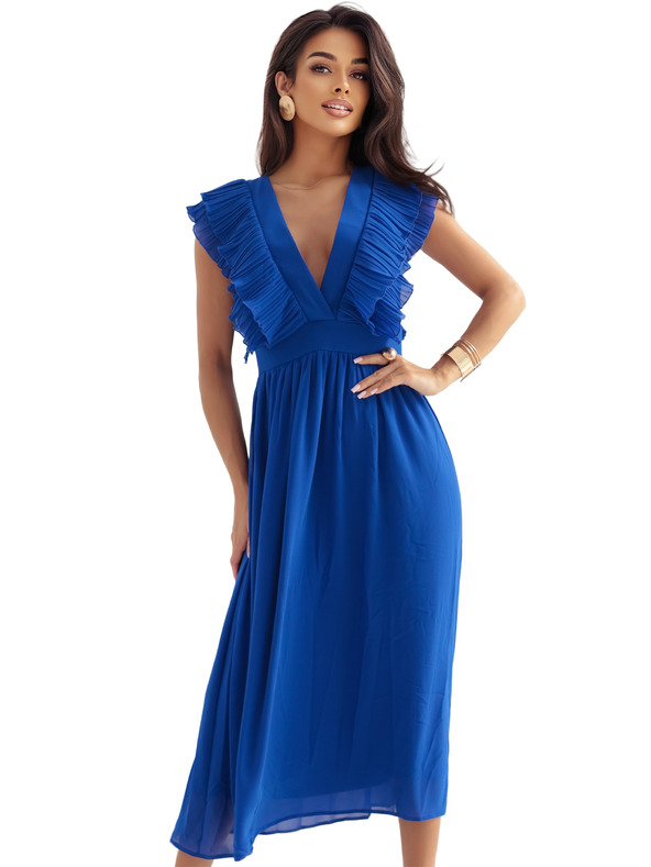 numoco Rochie midi YANA cu volănașe plisate și decolteu - albastru cobalt