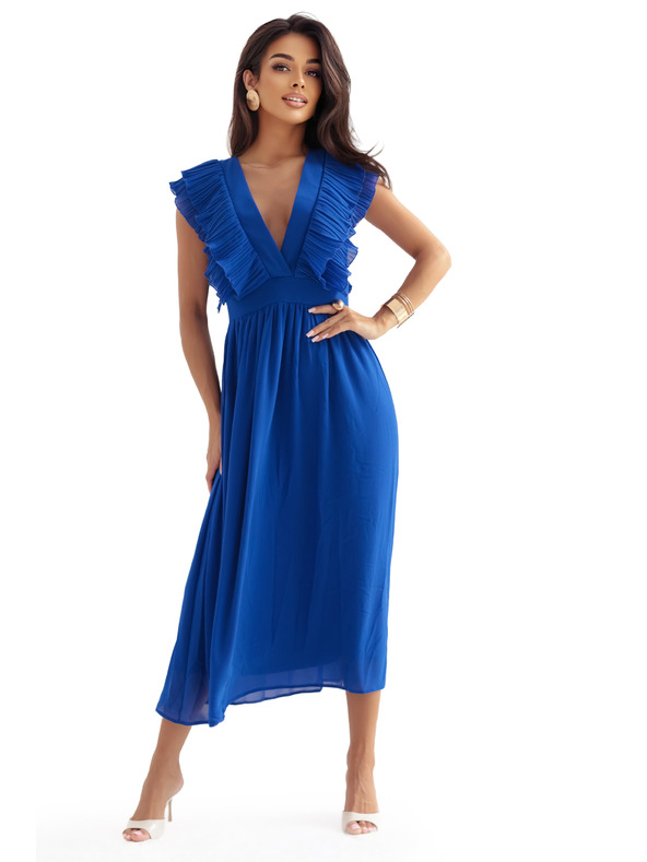 numoco Rochie midi YANA cu volănașe plisate și decolteu - albastru cobalt