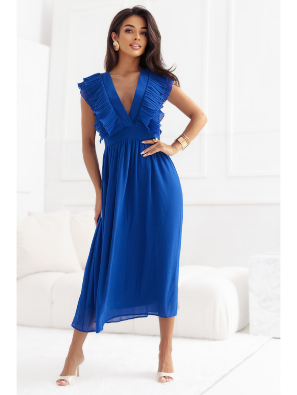 numoco Rochie midi YANA cu volănașe plisate și decolteu - albastru cobalt