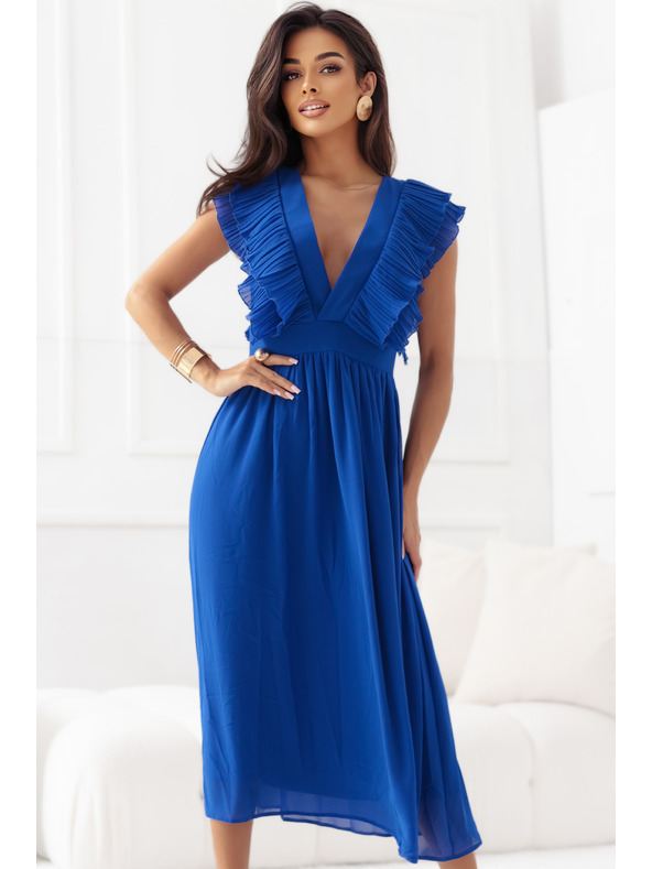 numoco Rochie midi YANA cu volănașe plisate și decolteu - albastru cobalt