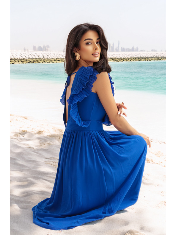 numoco Rochie midi YANA cu volănașe plisate și decolteu - albastru cobalt