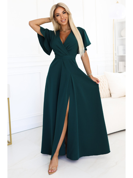 numoco Rochie lungă JENNIFER cu despicătură - verde sticle