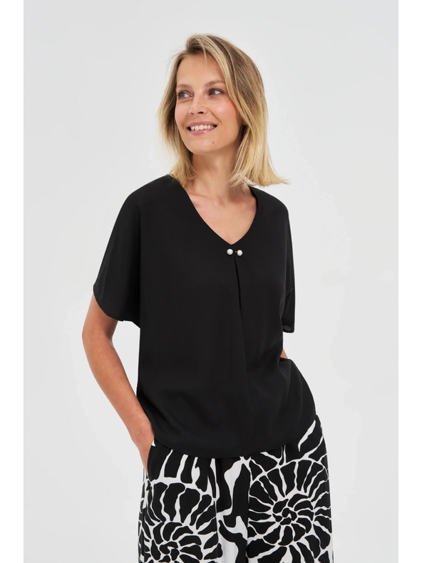 Moodo Bluză neagră lejeră cu mânecă scurtă