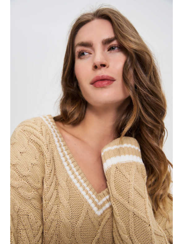 Moodo Pulover damă bej cu decolteu în V Moodo