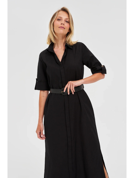 Moodo Rochie damă neagră tip cămașă cu centură