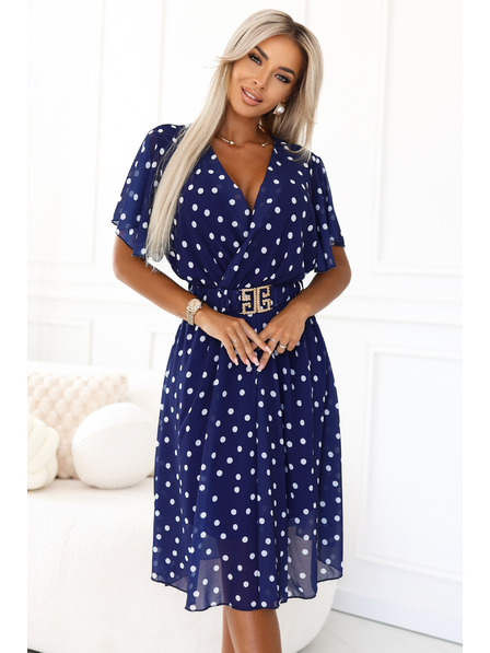 numoco Rochie bleumarin cu buline albe, decolteu încrucișat și centură decorativă