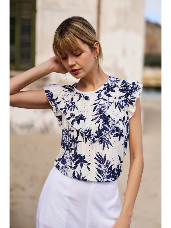 Moodo Tricou pentru femei Moodo – alb cu flori albastre