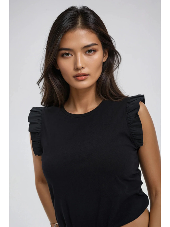 Moodo Tricou negru de damă din bumbac cu volănașe