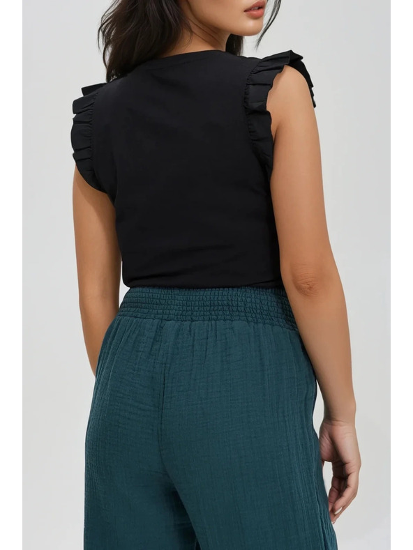 Moodo Tricou negru de damă din bumbac cu volănașe