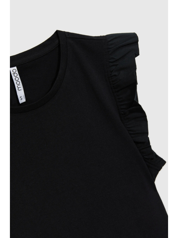 Moodo Tricou negru de damă din bumbac cu volănașe