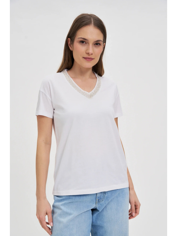 Moodo Tricou de damă cu decolteu decorat – alb