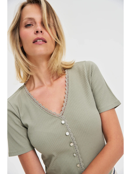 Moodo Tricou damă măsliniu cu nasturi