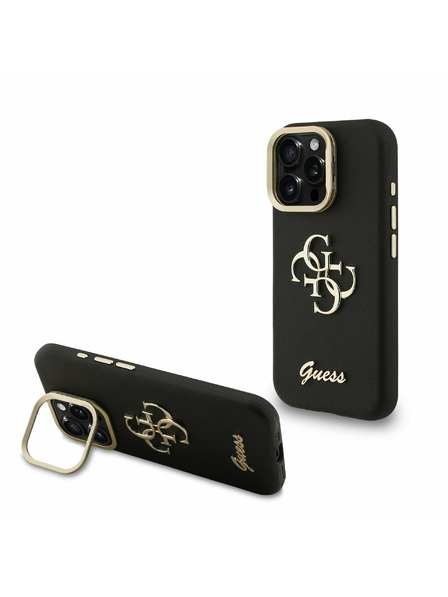 Guess Guess PU Grained 4G Logo Stand Ramă Cameră Carcasă Spate pentru iPhone 15 Pro Negru