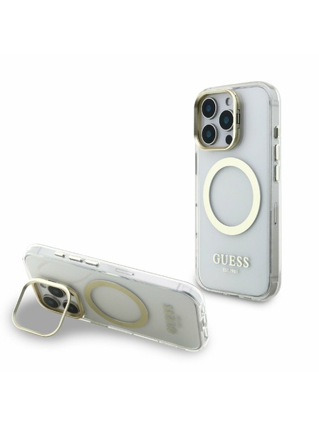 Guess Guess IML Gold Outline Stand Ramă Cameră MagSafe Carcasă Spate pentru iPhone 16 Pro Transparent