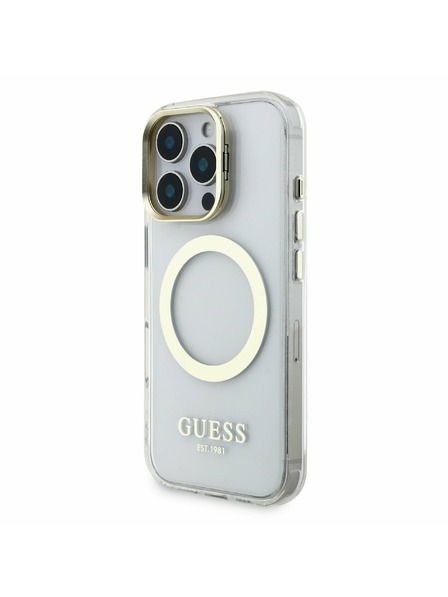 Guess Guess IML Gold Outline Stand Ramă Cameră MagSafe Carcasă Spate pentru iPhone 16 Pro Max Transparent