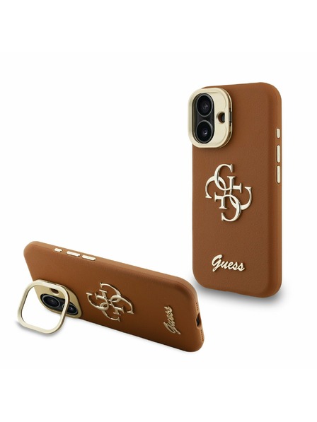 Guess Guess PU Texturat 4G Logo Stand Carcasă Cameră Spate pentru iPhone 16 Maro