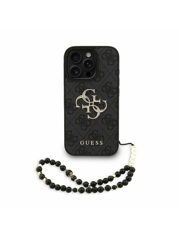 Guess Guess PU 4G Metal Logo Curea Carcasă Spate pentru iPhone 16 Pro Max Negru