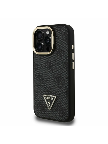 Guess Guess PU 4G Strass Triunghi Logo Stand Carcasă Cameră MagSafe pentru iPhone 16 Pro Max Negru