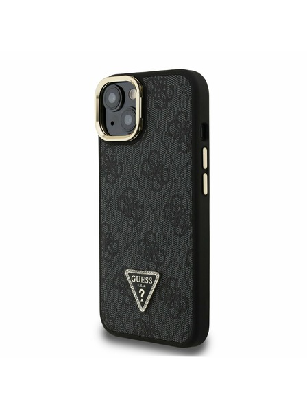 Guess Guess PU 4G Strass Triunghi Logo Stand Carcasă Cameră MagSafe pentru iPhone 15 Negru
