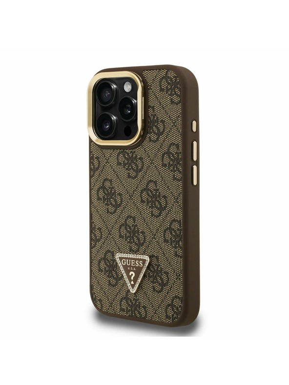 Guess Guess PU 4G Strass Triunghi Logo Stand Carcasă Cameră MagSafe pentru iPhone 16 Pro Maro