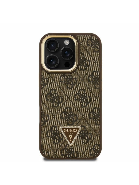 Guess Guess PU 4G Strass Triunghi Logo Stand Carcasă Cameră MagSafe pentru iPhone 16 Pro Maro