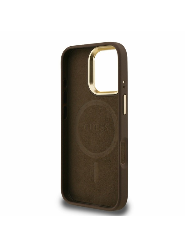 Guess Guess PU 4G Strass Triunghi Logo Stand Carcasă Cameră MagSafe pentru iPhone 16 Pro Maro