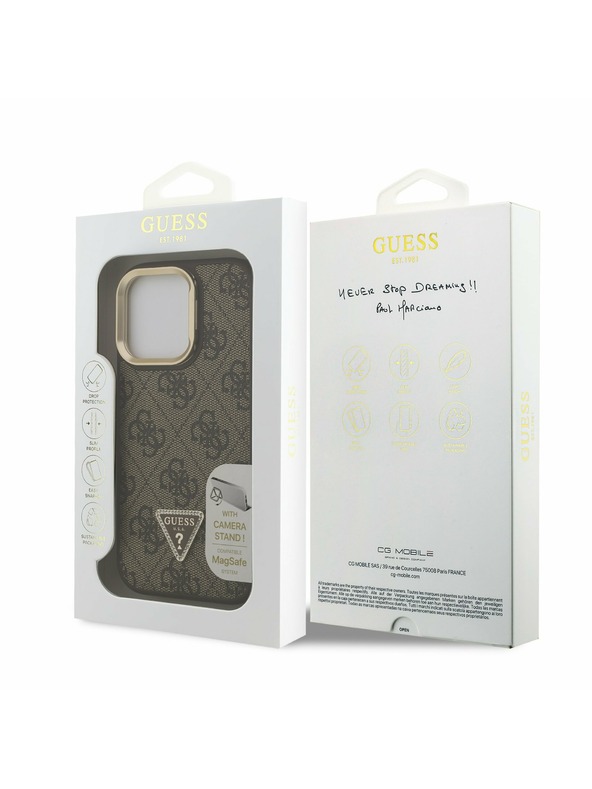 Guess Guess PU 4G Strass Triunghi Logo Stand Carcasă Cameră MagSafe pentru iPhone 16 Pro Maro