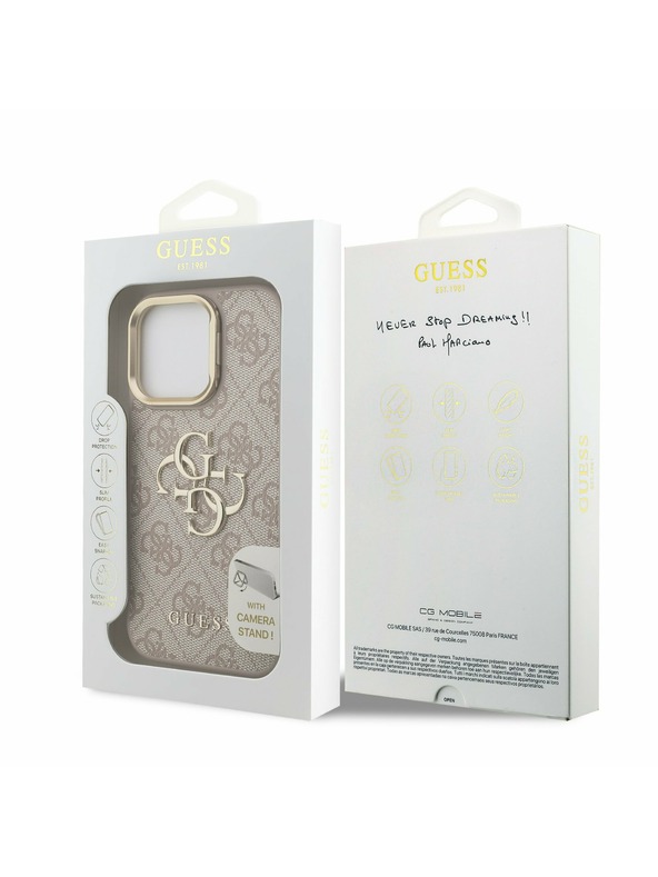 Guess Guess PU 4G Metal Logo Stand Carcasă Cameră pentru iPhone 16 Pro Max Roz