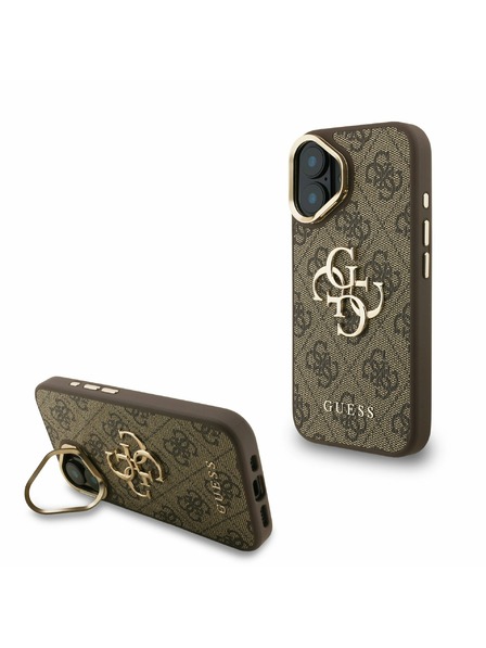 Guess Guess PU 4G Metal Logo Suport Ramă Cameră Carcasă Spate pentru iPhone 16 Maro
