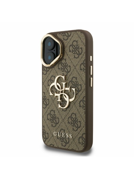 Guess Guess PU 4G Metal Logo Suport Ramă Cameră Carcasă Spate pentru iPhone 16 Maro
