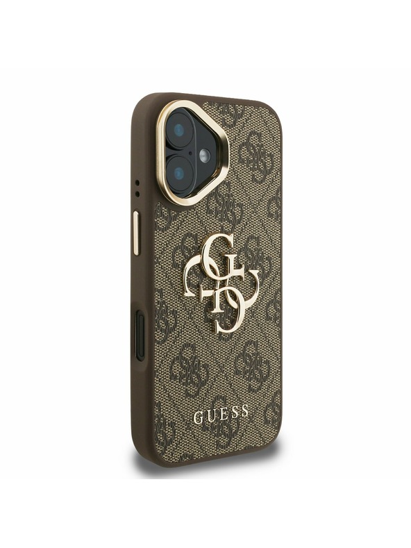 Guess Guess PU 4G Metal Logo Suport Ramă Cameră Carcasă Spate pentru iPhone 16 Maro