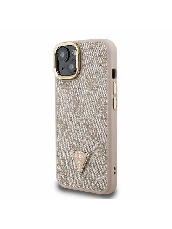 Guess Guess PU 4G Strass Triangle Logo Suport Ramă Cameră MagSafe Carcasă Spate pentru iPhone 14 Roz