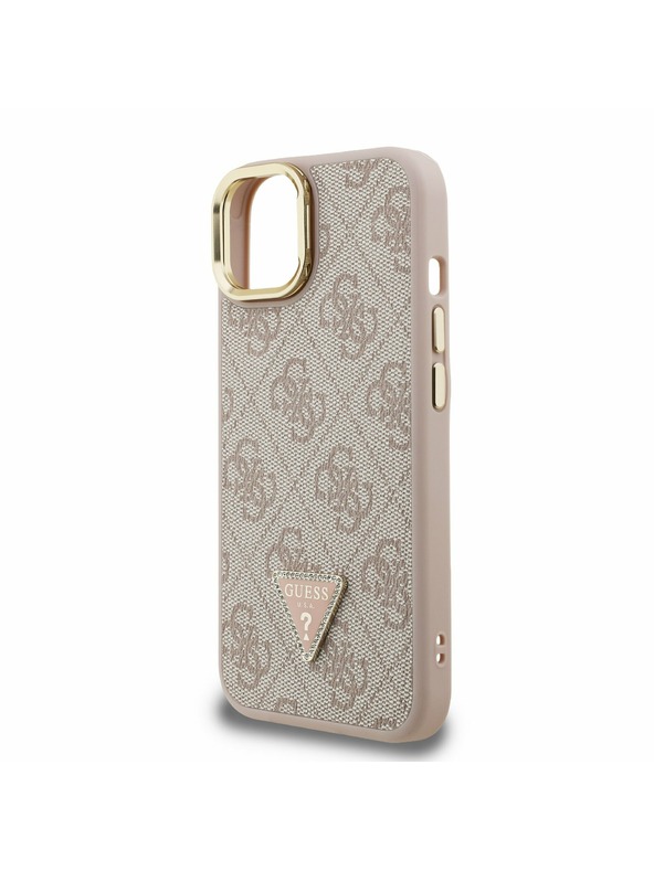 Guess Guess PU 4G Strass Triangle Logo Suport Ramă Cameră MagSafe Carcasă Spate pentru iPhone 14 Roz