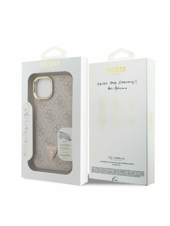 Guess Guess PU 4G Strass Triangle Logo Suport Ramă Cameră MagSafe Carcasă Spate pentru iPhone 14 Roz