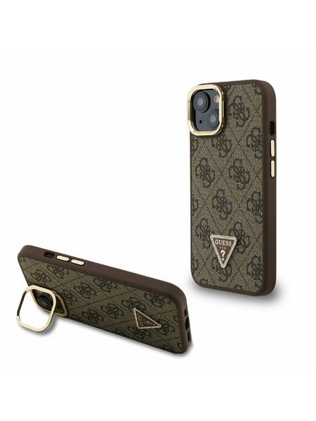 Guess Guess PU 4G Strass Triangle Logo Suport Ramă Cameră MagSafe Carcasă Spate pentru iPhone 15 Maro