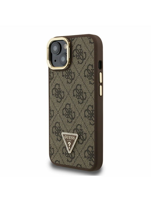 Guess Guess PU 4G Strass Triangle Logo Suport Ramă Cameră MagSafe Carcasă Spate pentru iPhone 15 Maro