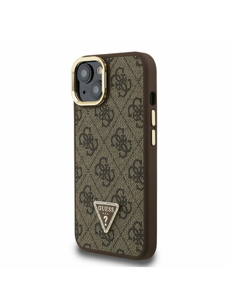 Guess Guess PU 4G Strass Triangle Logo Suport Ramă Cameră MagSafe Carcasă Spate pentru iPhone 15 Maro