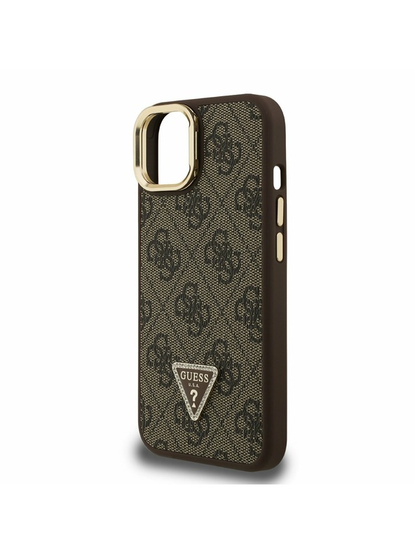 Guess Guess PU 4G Strass Triangle Logo Suport Ramă Cameră MagSafe Carcasă Spate pentru iPhone 15 Maro